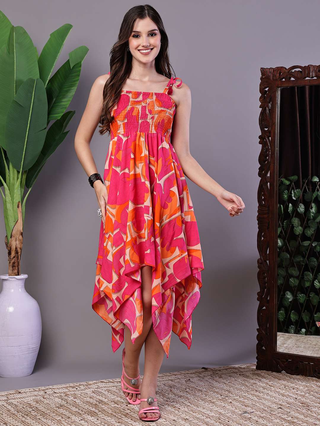 Women's Orange & Pink Printed Cotton Handkerchief Hem Dress Midi Dresses