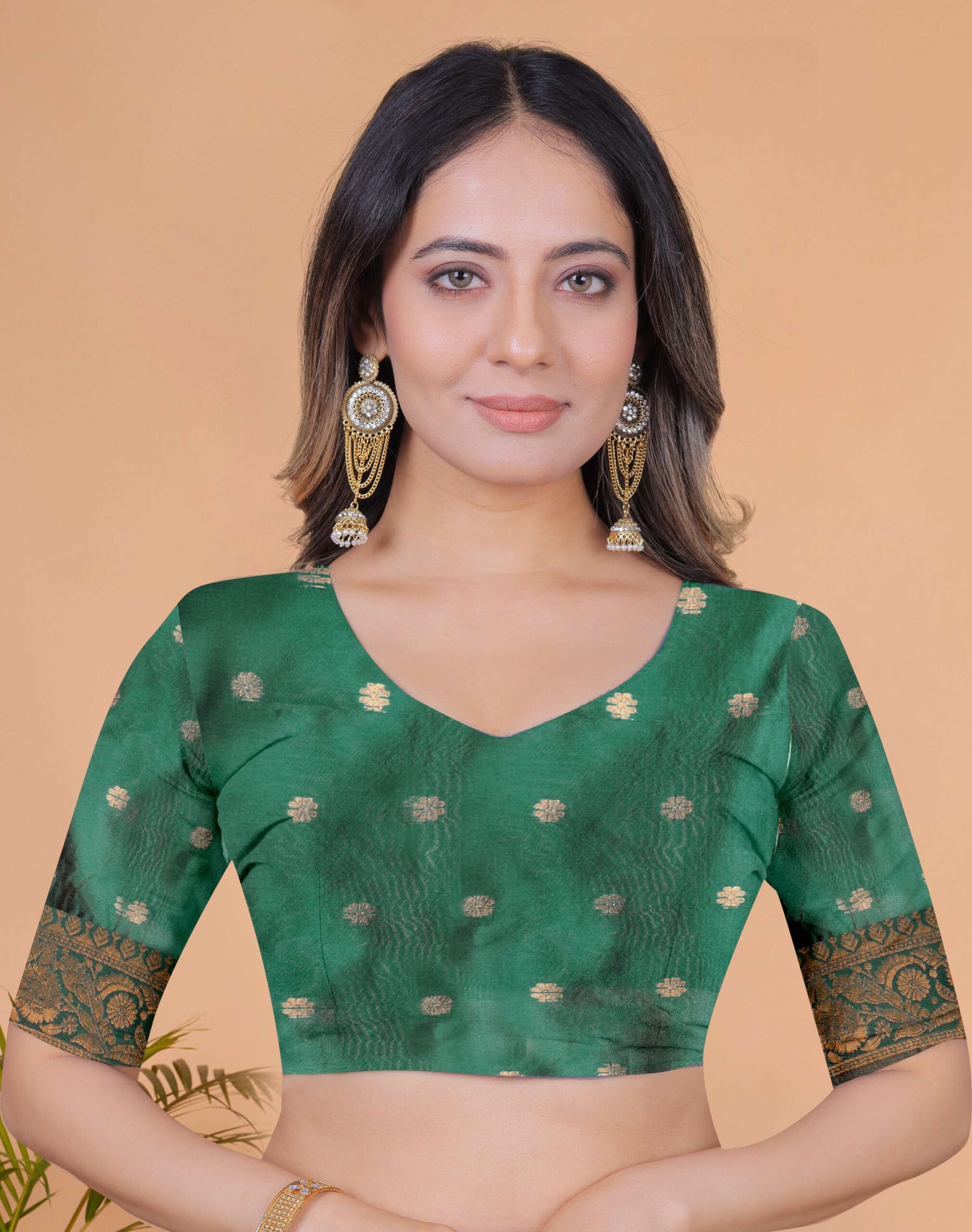 Golden Mustard Banarasi Silk Saree with Bottle Green Floral Accents & Blouse | Wedding, Haldi, Festive & Party Wear - Image 5