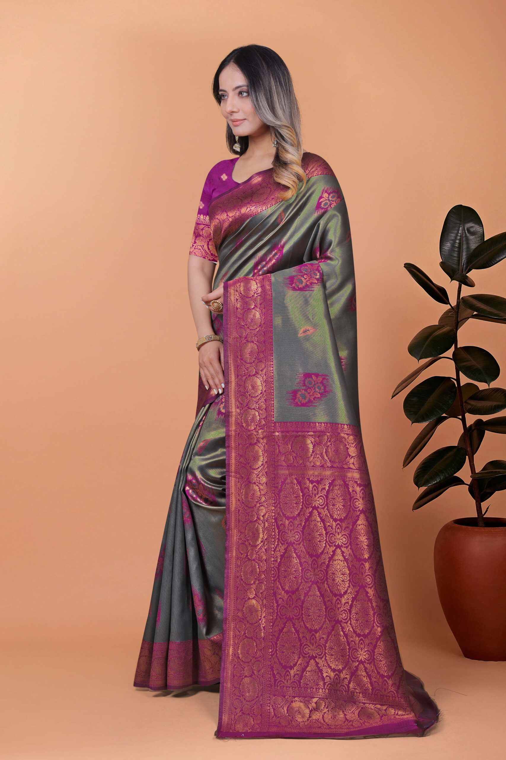 Graceful Grey-Green Banarasi Silk Saree with Magenta Zari Border & Blouse | Wedding, Festival & Party Wear - Image 5