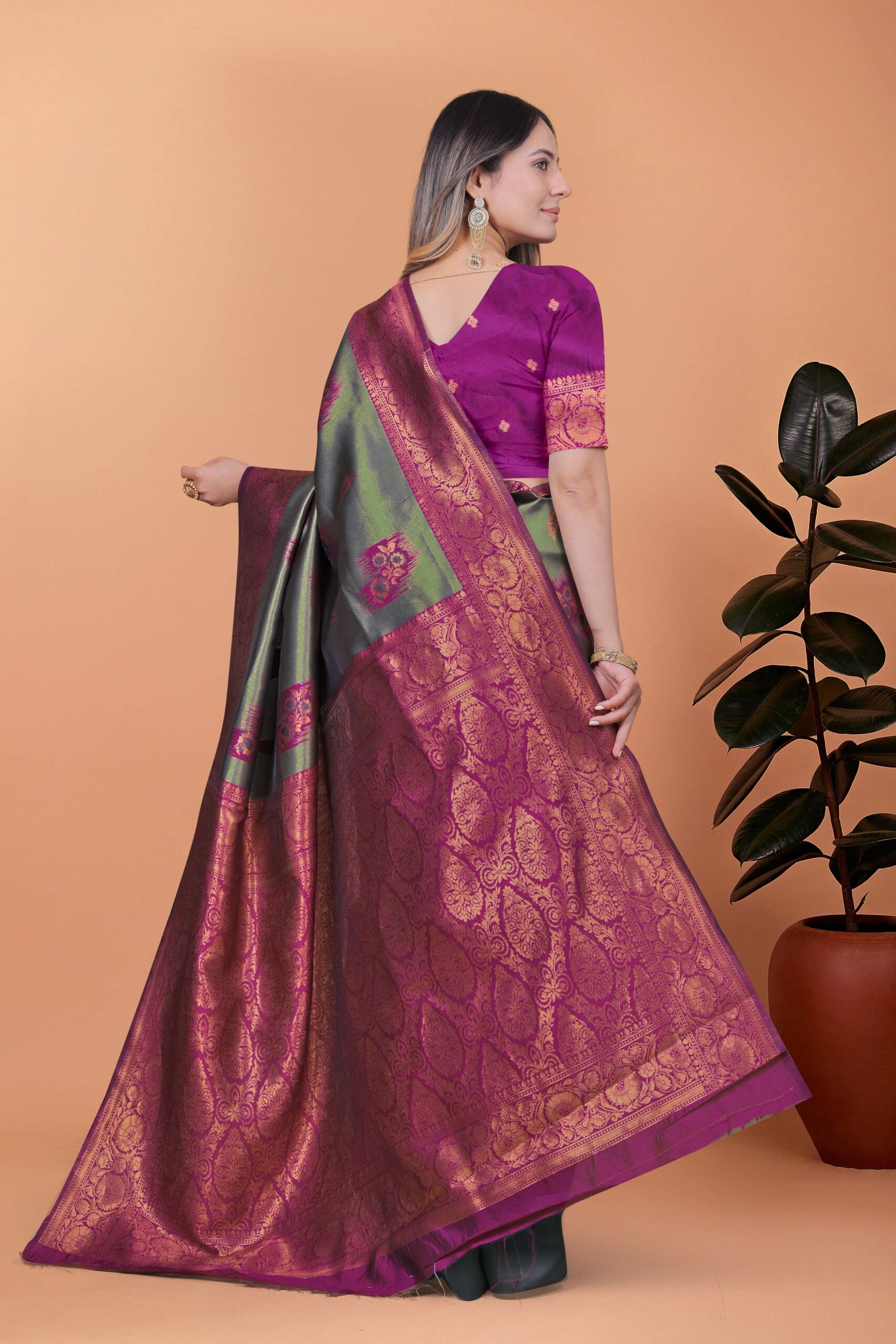 Graceful Grey-Green Banarasi Silk Saree with Magenta Zari Border & Blouse | Wedding, Festival & Party Wear - Image 6