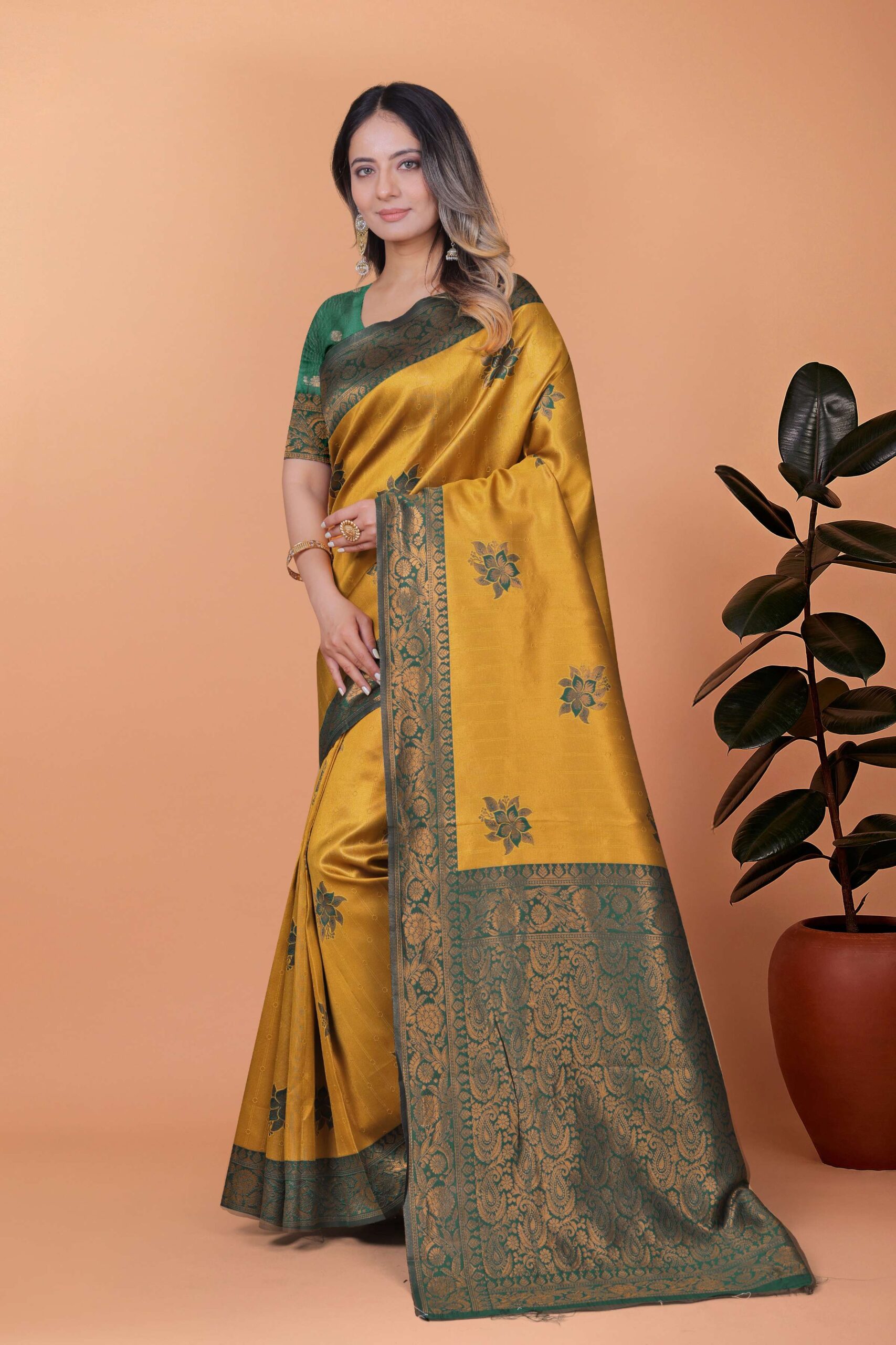 Golden Mustard Banarasi Silk Saree with Bottle Green Floral Accents & Blouse | Wedding, Haldi, Festive & Party Wear - Image 2