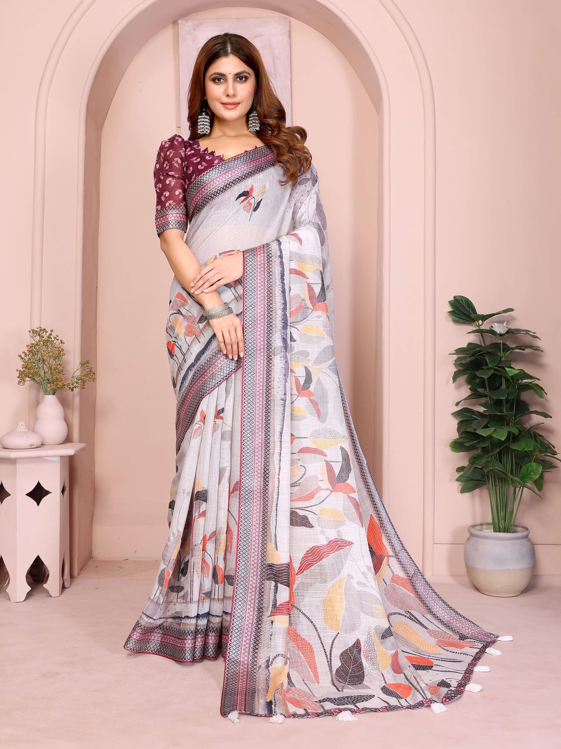 Elegant Linen Cotton Saree ? Soft Grey with Multicolor Autumn Leaf Print & Wine-Geometric Border
