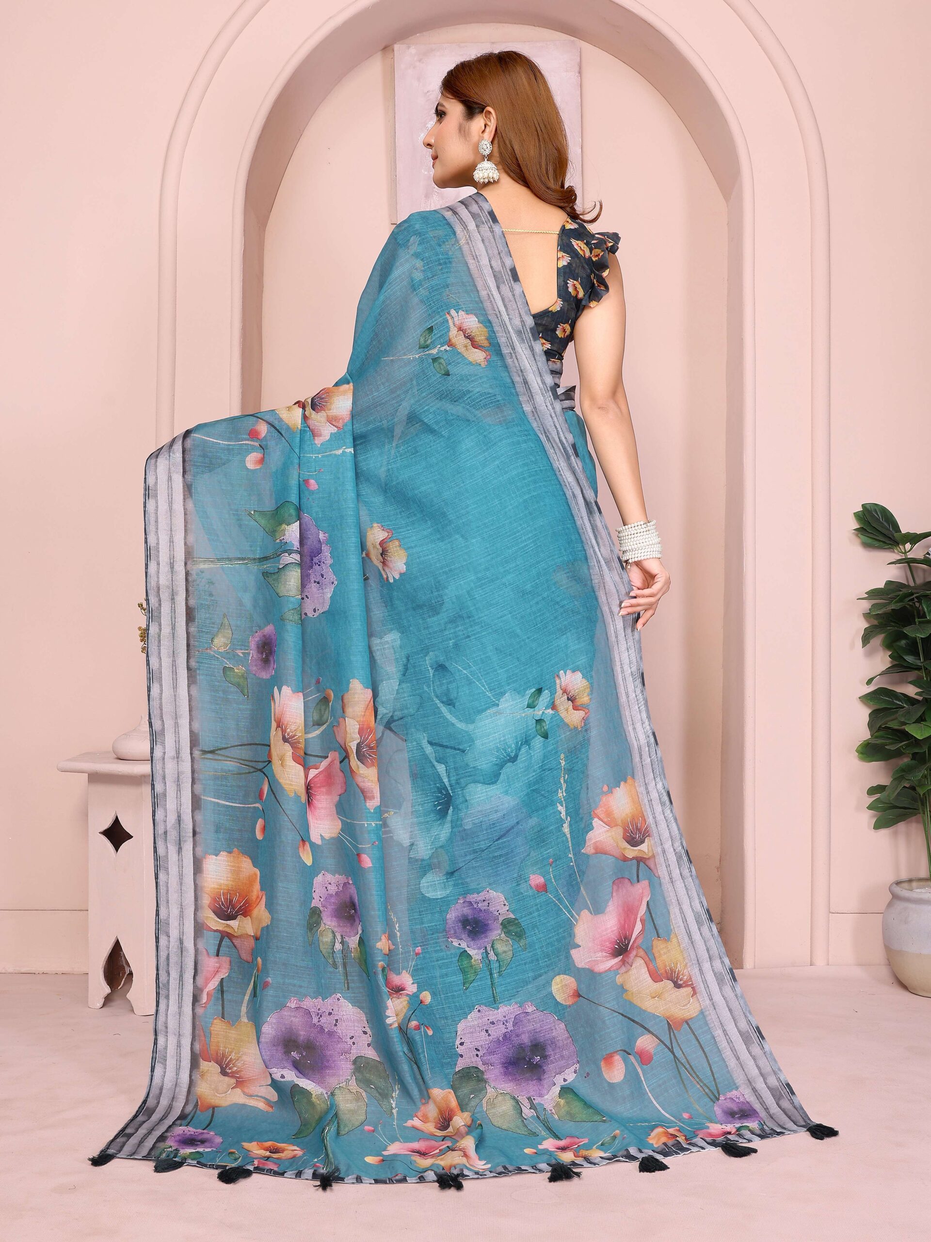 Teal Linen Cotton Saree with Vibrant Multicolor Floral Prints & Tassel Pallu - Image 5