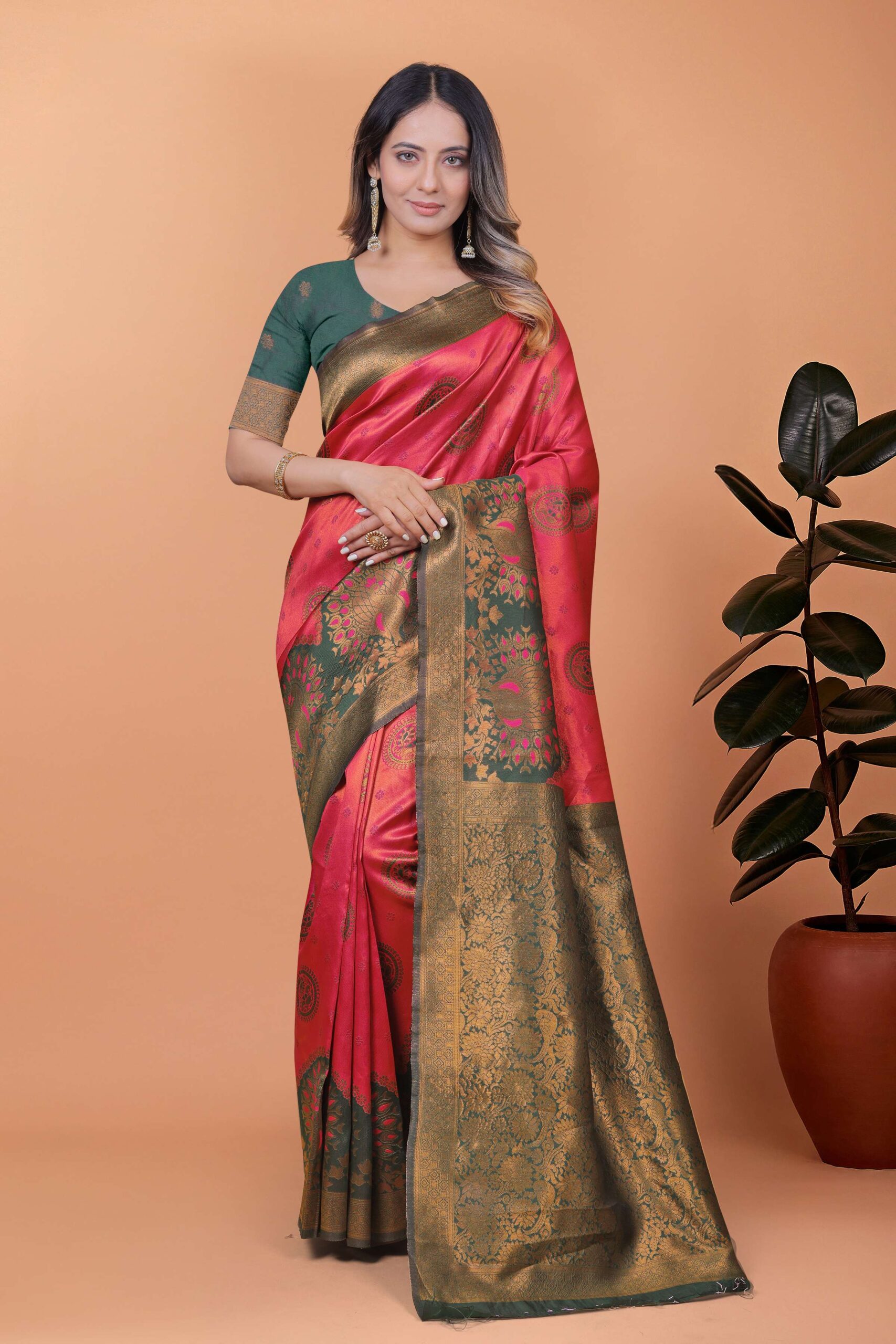 Royal Grace Banarasi Silk Saree with Floral & Peacock Zari Motifs ? Deep Rose Pink & Antique Gold with Green Border