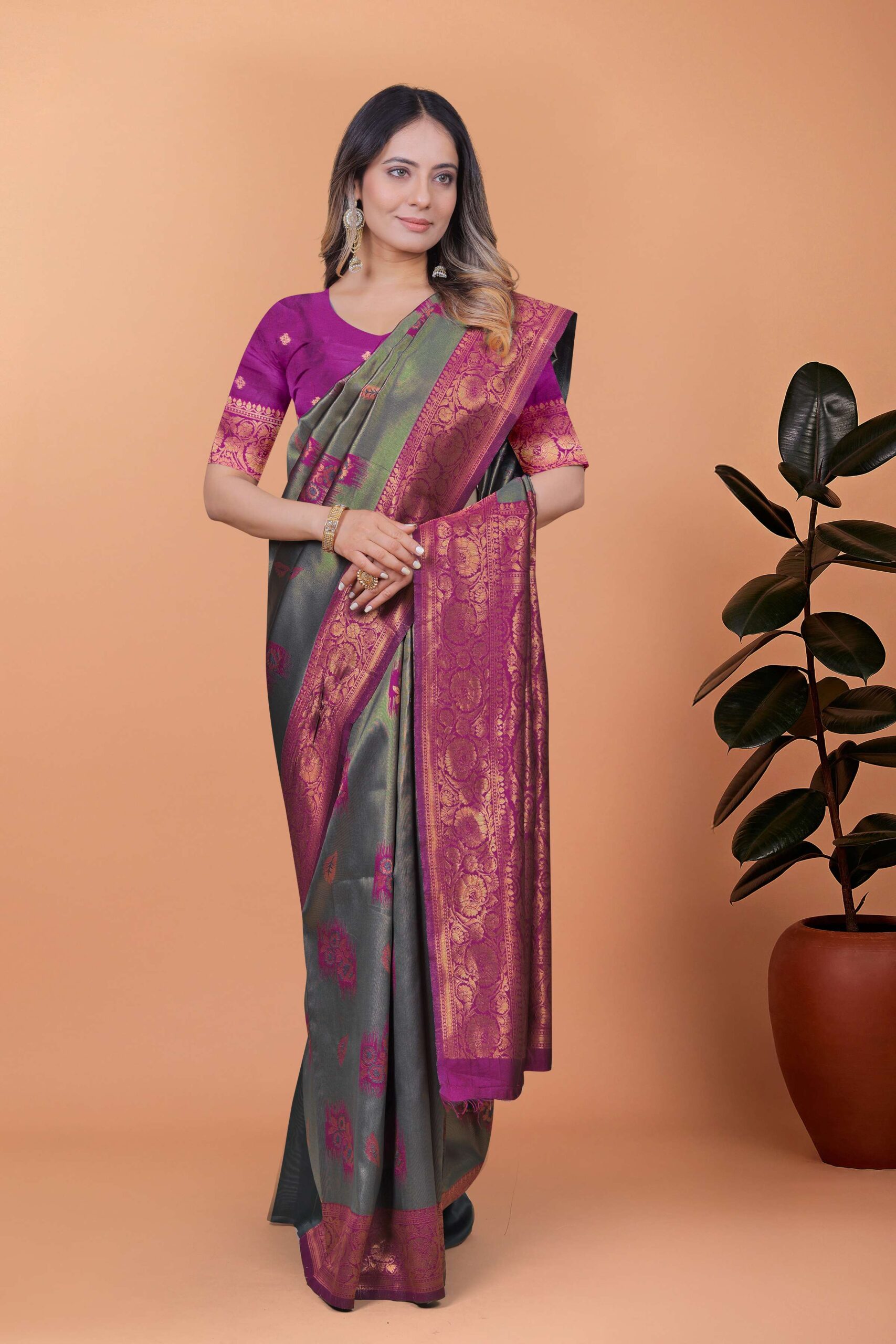 Graceful Grey-Green Banarasi Silk Saree with Magenta Zari Border & Blouse | Wedding, Festival & Party Wear - Image 2