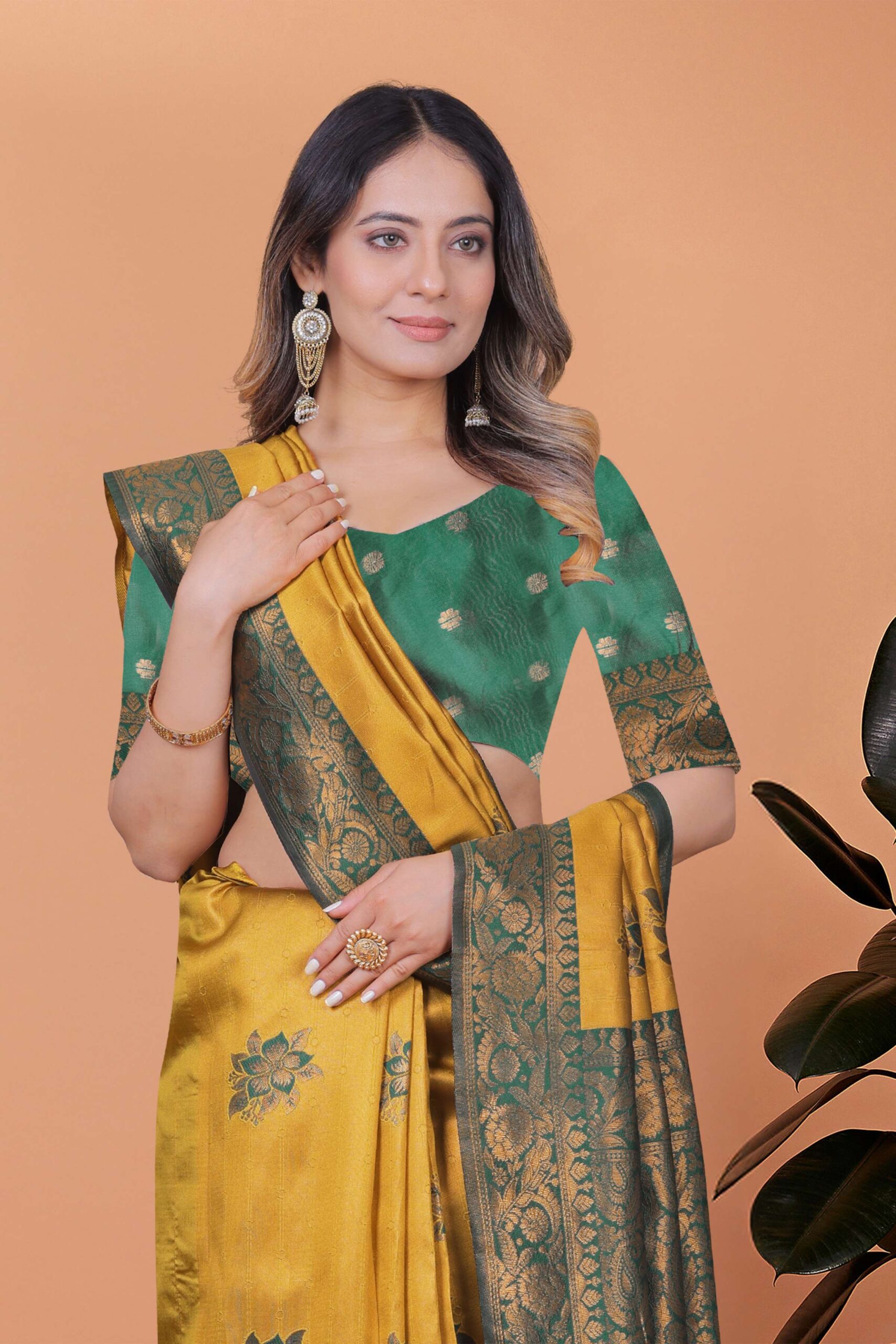 Golden Mustard Banarasi Silk Saree with Bottle Green Floral Accents & Blouse | Wedding, Haldi, Festive & Party Wear - Image 3